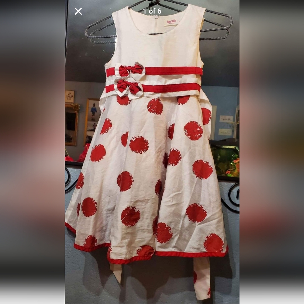 Girl Dress Wine Red Polkadot Circle Print Double Bow Tie Sunny Fashion Size 5